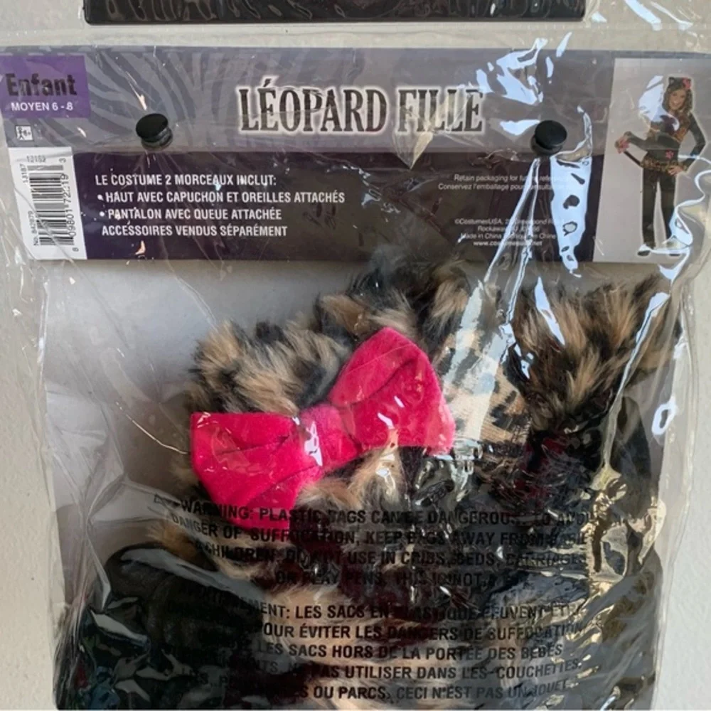 CostumesUSA Leopard GRRRL child costume medium 8-10, 2 piece, faux fur, tail NWT